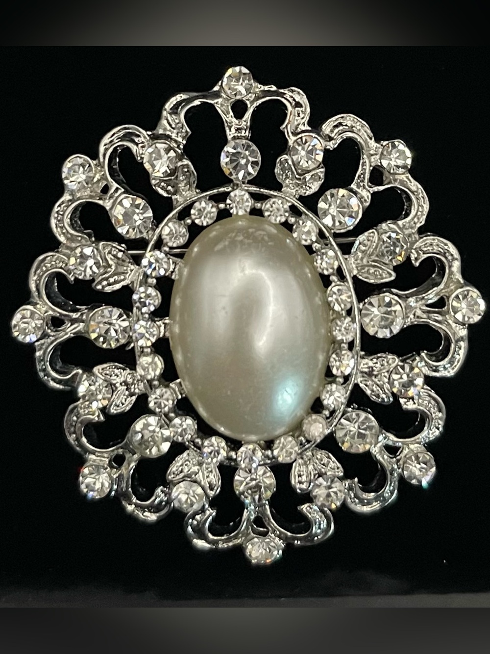Vintage Victorian Revival Faux Pearl & Rhinestone Statement Brooch Pin